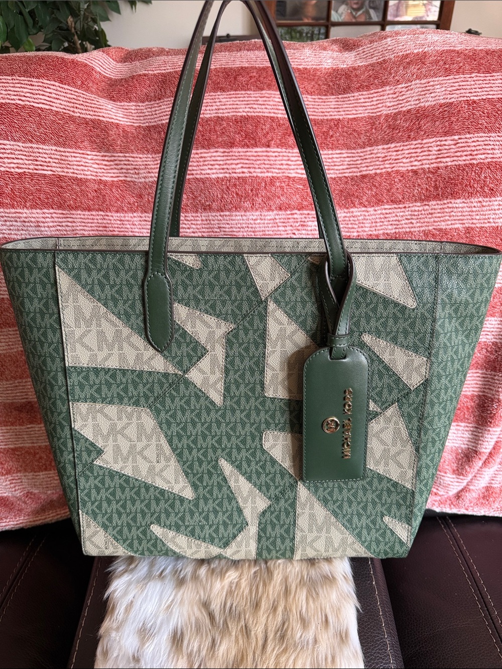 Michael Kors Green and Cream MK Geometric Logo Tote